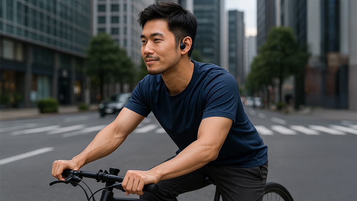 自転車でオープンイヤーイヤホンを安全に使うイメージ