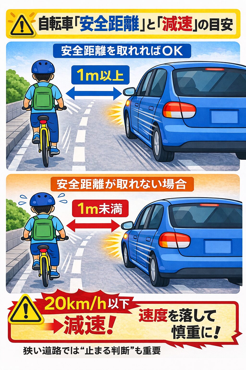 自転車 安全距離と減速の目安 図解