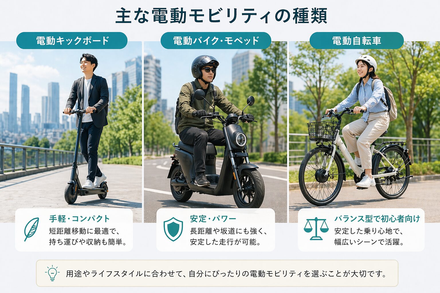 電動モビリティ 電動キックボード 電動バイク 電動自転車の種類