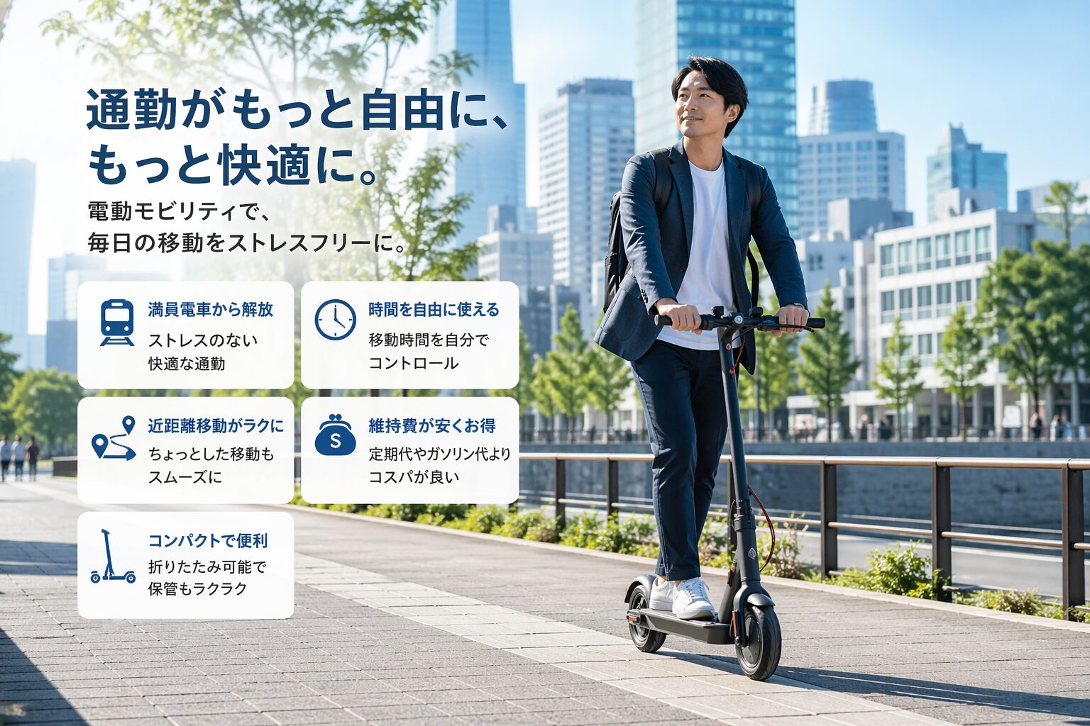 電動モビリティ 通勤 メリット ストレスフリーな移動イメージ