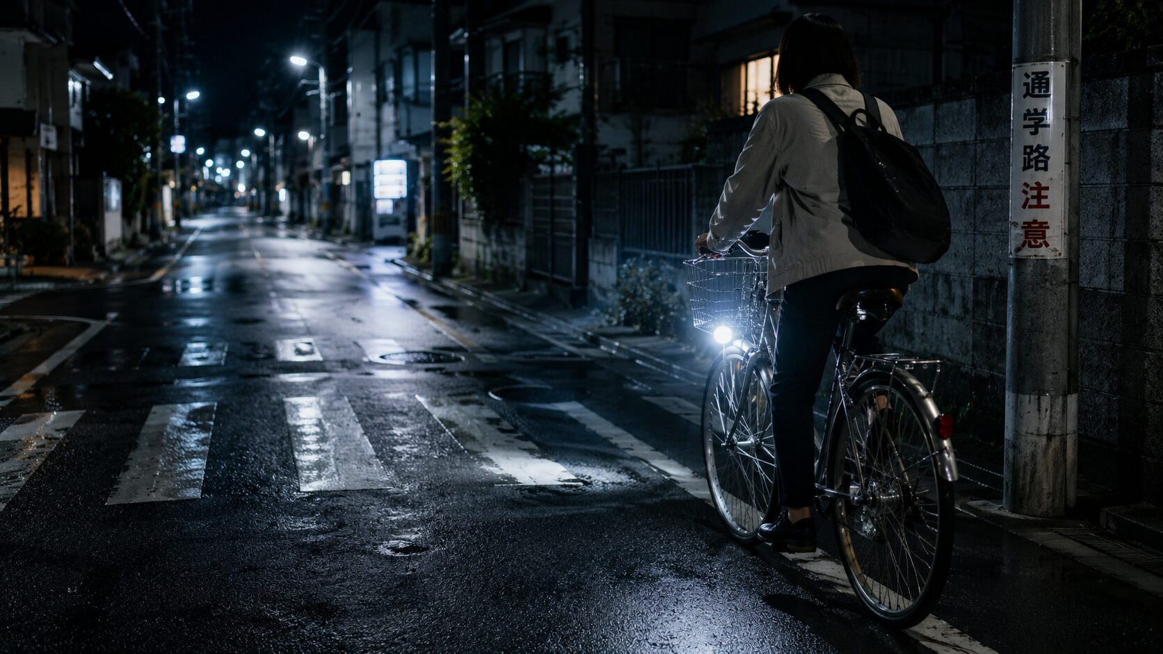 夜道を走るママチャリ通勤のイメージ