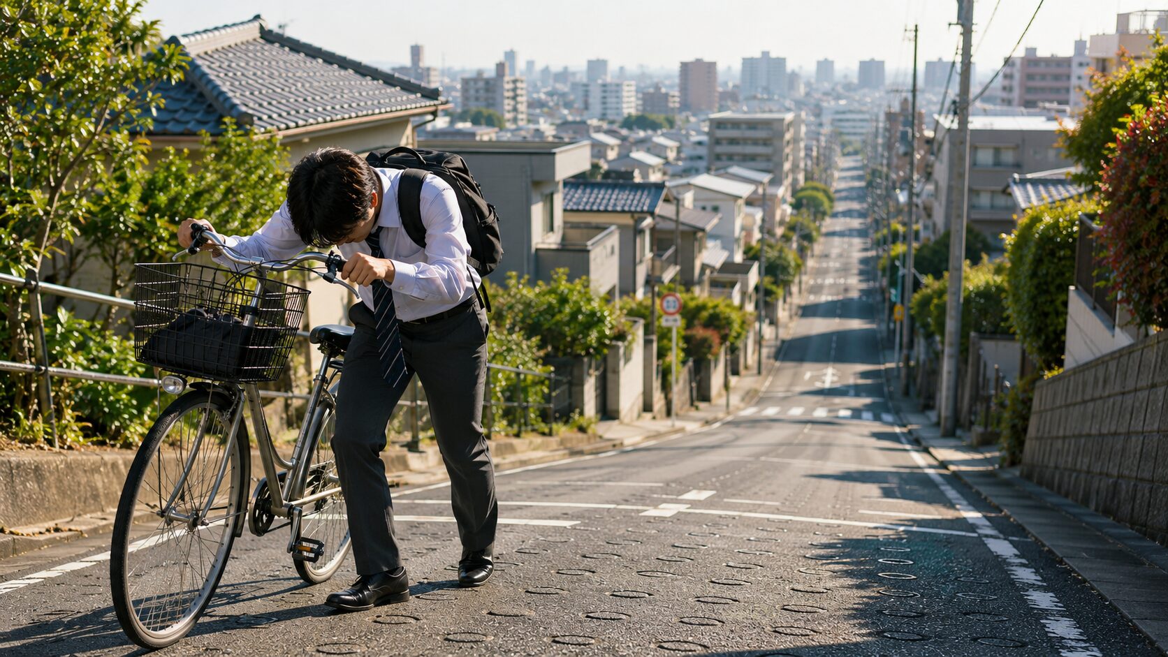 坂道通勤で疲労を感じる自転車通勤のイメージ