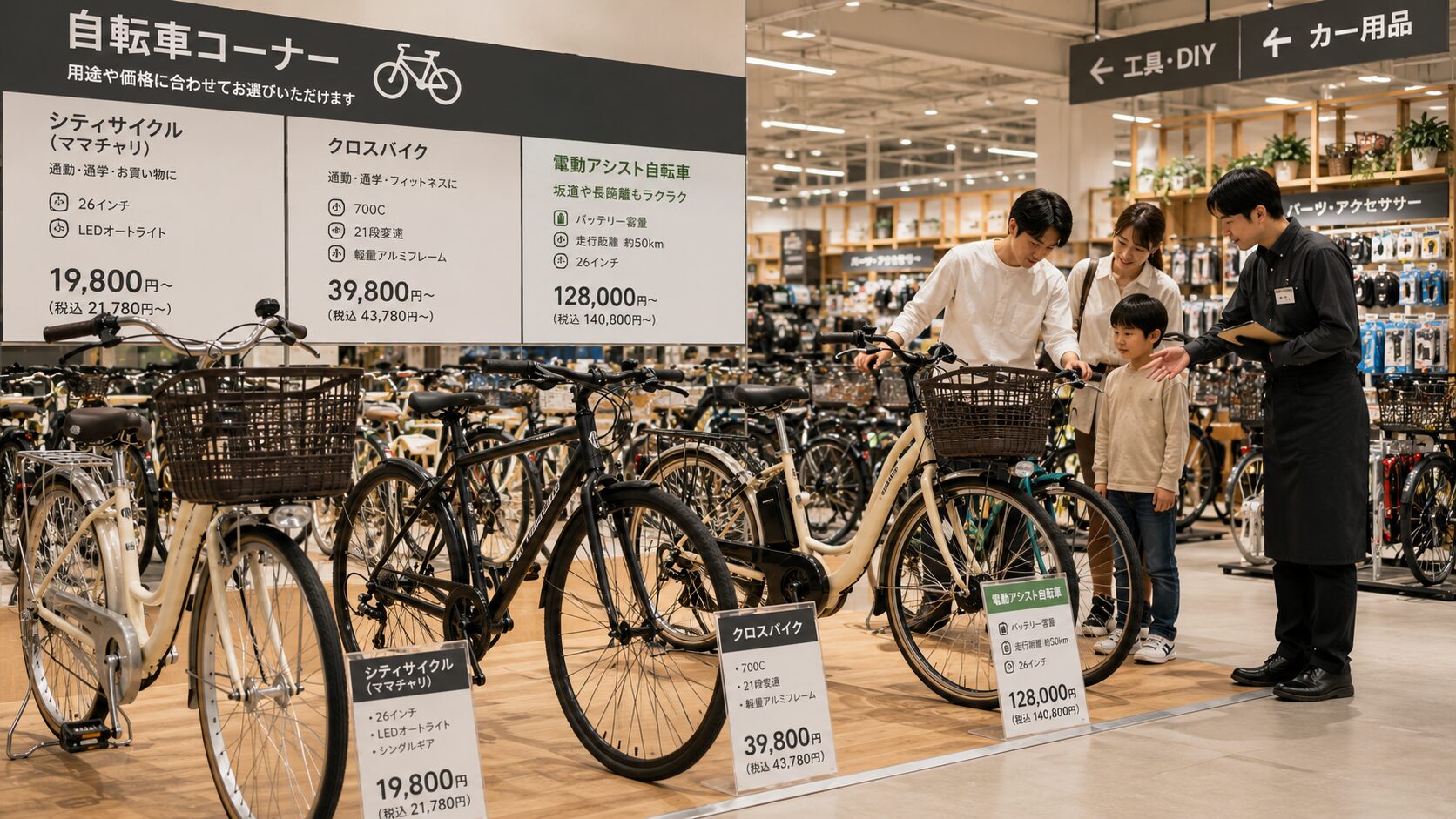 ホームセンターで自転車を比較している様子