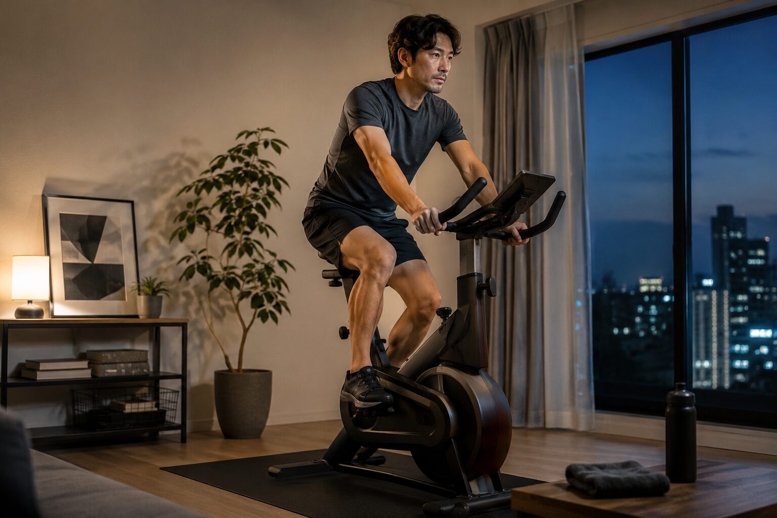 エルゴメーターで脂肪燃焼トレーニングを行う女性