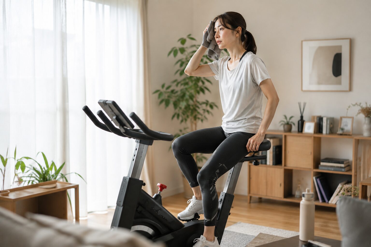 エルゴメーターの負荷設定ミスに悩む女性