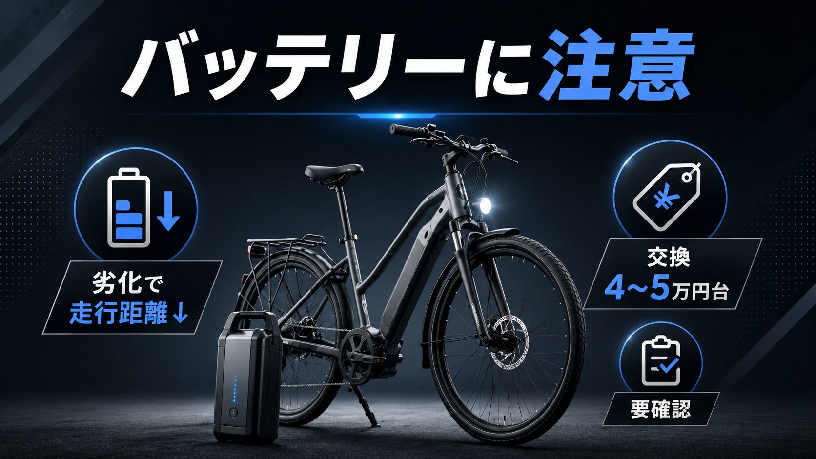 中古電動自転車のバッテリー劣化と交換費用の注意点を示す画像