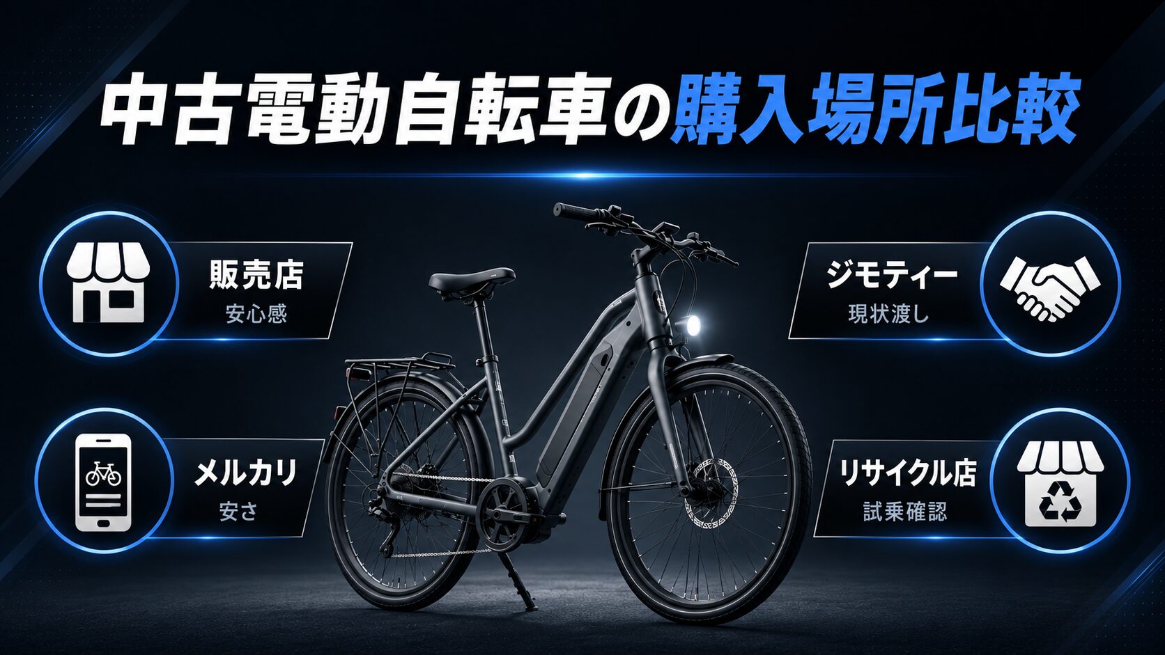 中古電動自転車の購入場所を販売店、メルカリ、ジモティー、リサイクル店で比較した画像