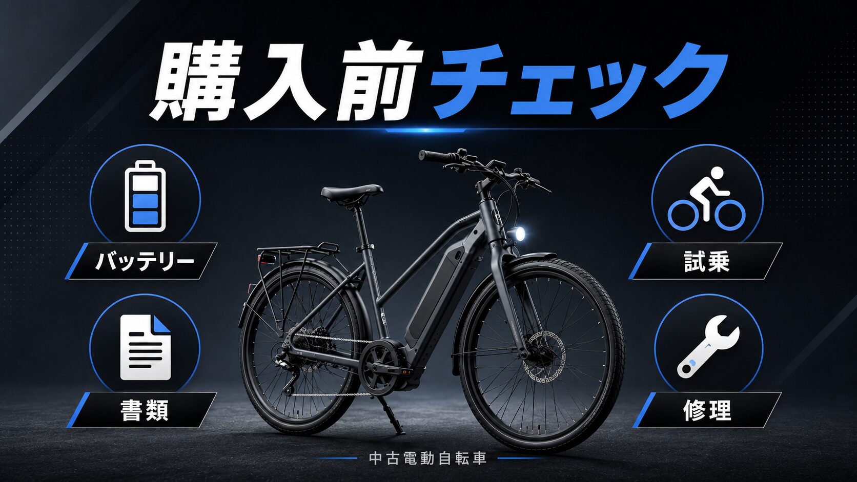 中古電動自転車の購入前チェックリスト。バッテリー、書類、試乗、修理を確認するイメージ画像