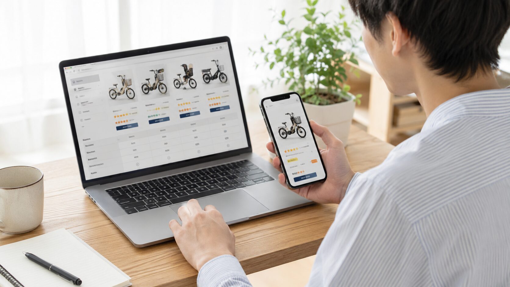 電動自転車をネット・店舗・楽天Amazonで比較しているイメージ