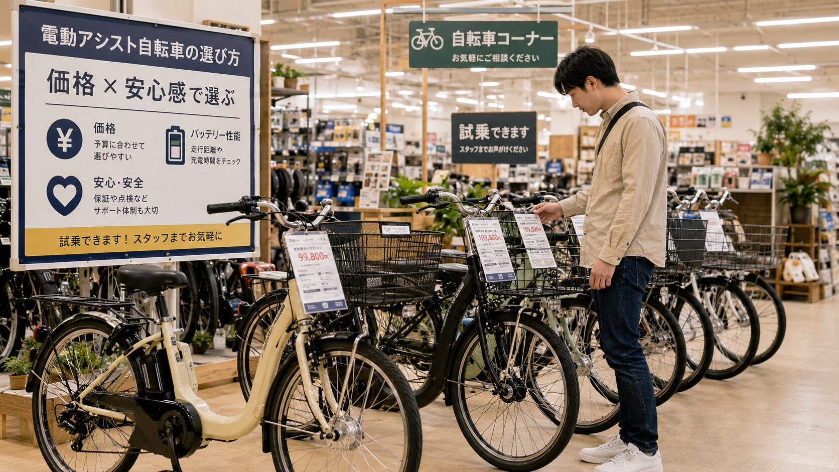 ホームセンターの自転車売り場で電動自転車を比較しているイメージ