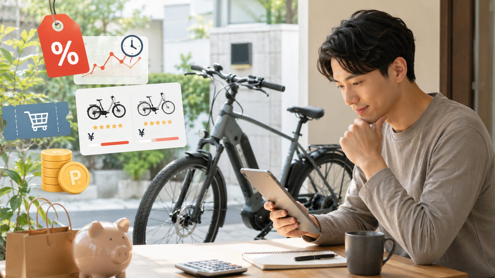 電動自転車のセールや価格比較、ポイント還元を確認しているイメージ