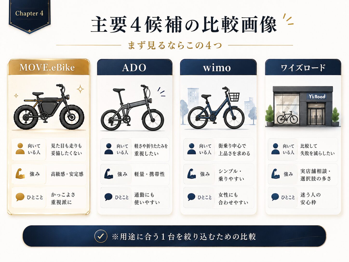 高級電動自転車の主要4候補 MOVE.eBike・ADO・wimo・ワイズロードの比較図