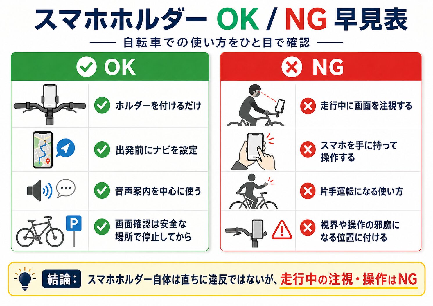 自転車スマホホルダーのOKとNGの早見表