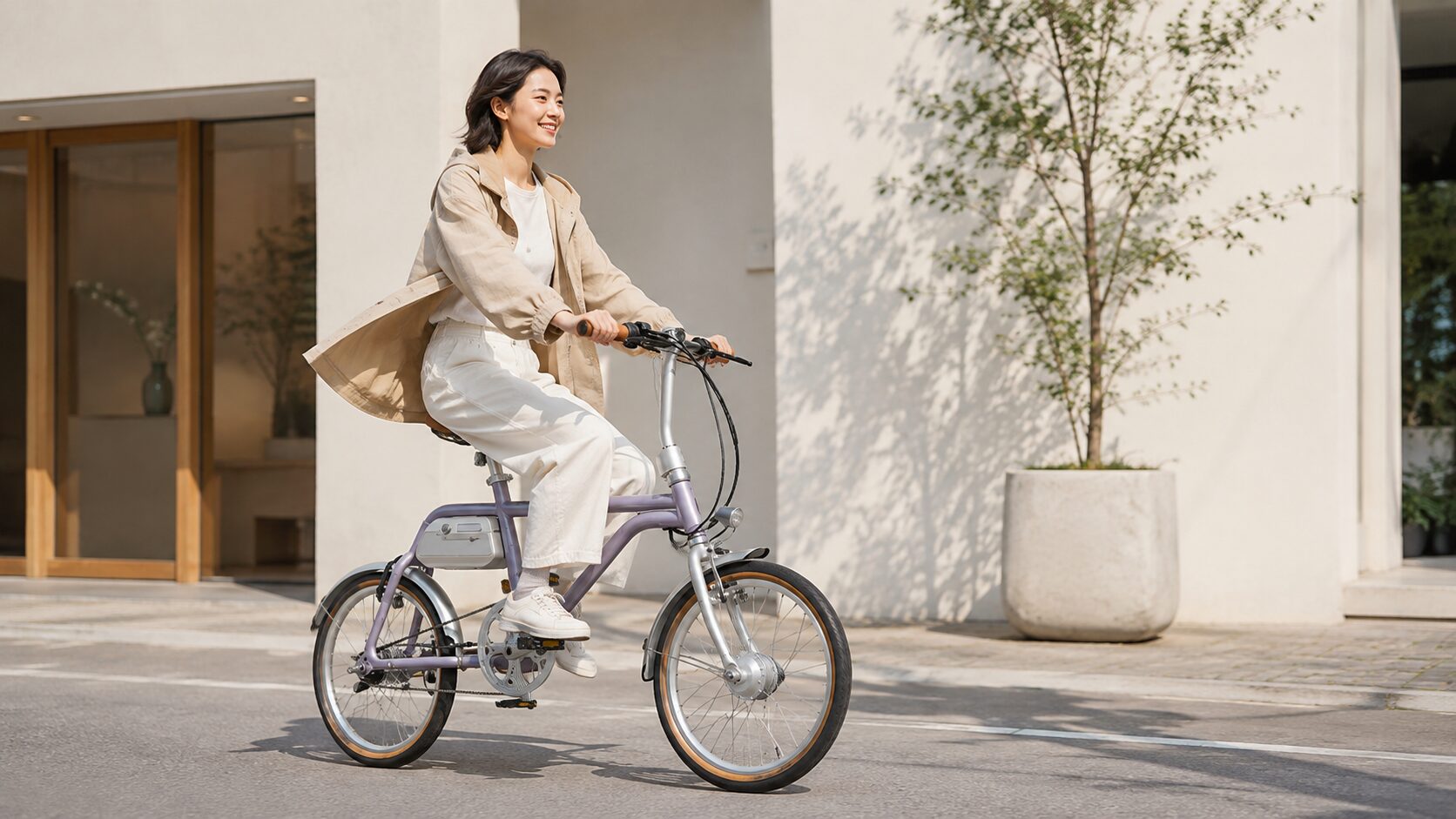 wimoの電動アシスト自転車で街乗りを楽しむイメージ