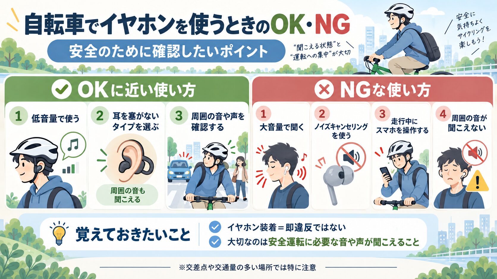 自転車でイヤホンを使うときの安全な使い方と危険な使い方のOK・NG比較