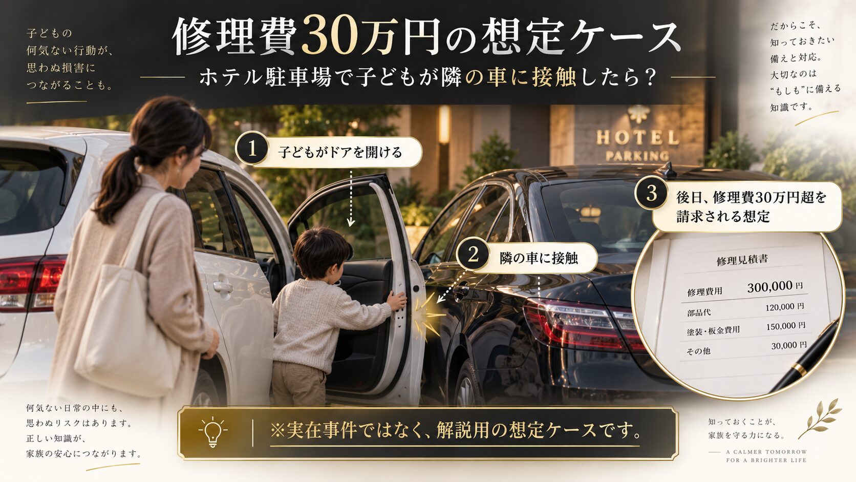 ホテル駐車場で子どもが隣の車にドアをぶつけ修理費30万円を請求される想定ケース