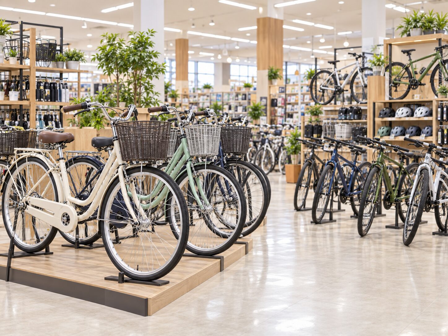 DCMの自転車売り場をイメージしたシティサイクルとクロスバイクの展示