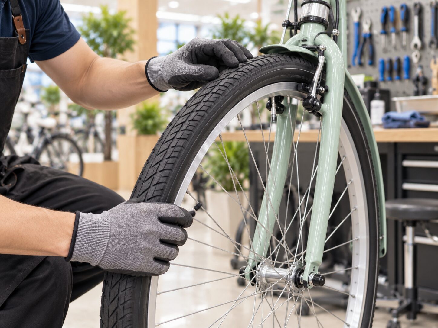 自転車タイヤとホイールを点検するメンテナンスのイメージ