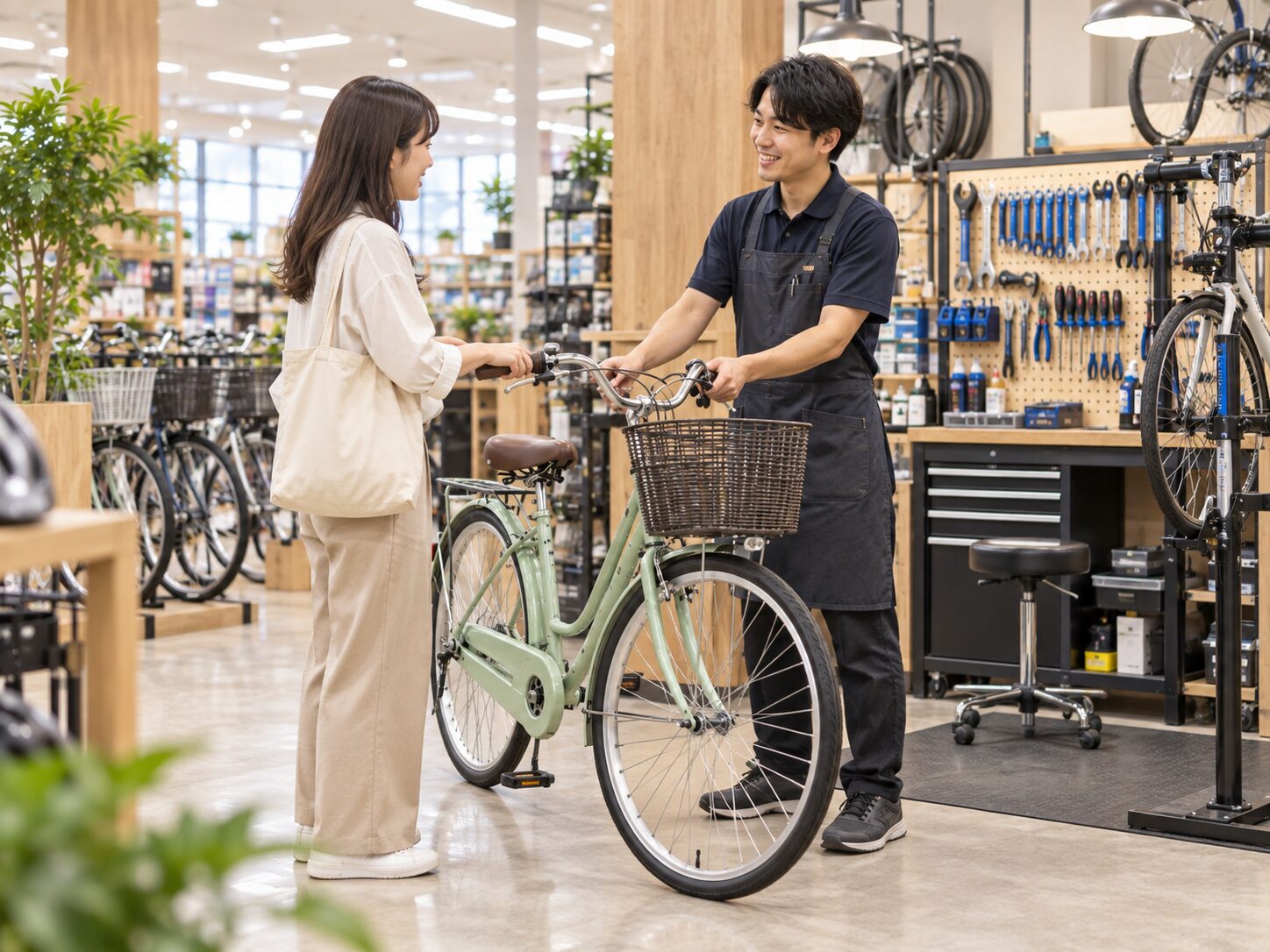 自転車売り場でスタッフから自転車を受け取るイメージ