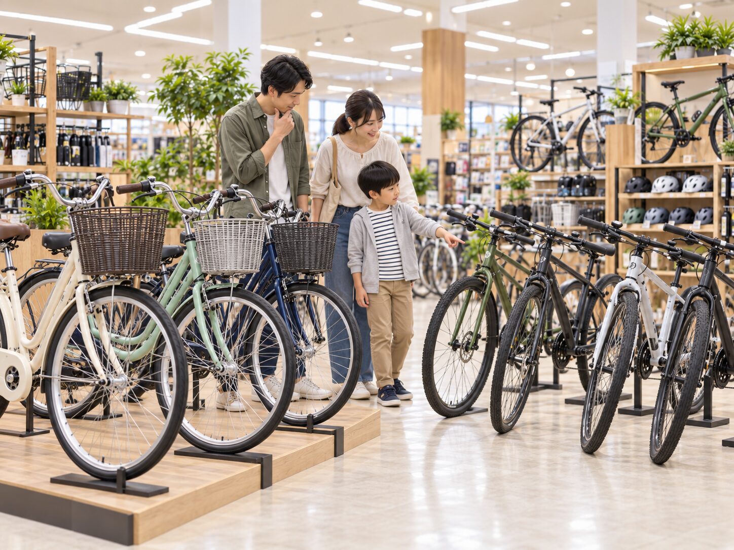 ホームセンターの自転車売り場で複数の自転車を比較するイメージ