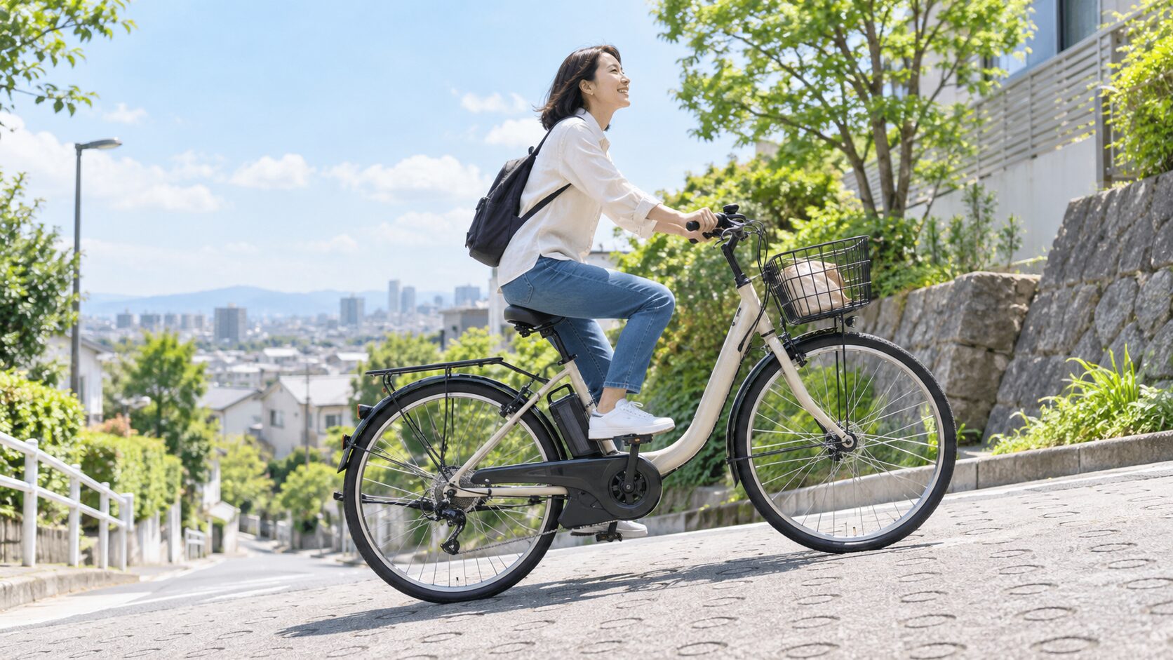 電動アシスト自転車で坂道を上る女性。モーターのアシストにより坂道での負担が軽くなるイメージ