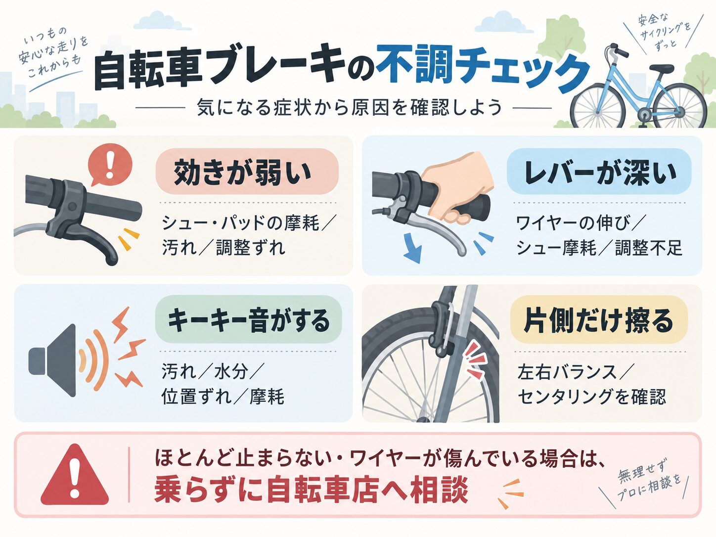 自転車ブレーキの不調チェック。効きが弱い、レバーが深い、キーキー音、片側だけ擦る症状と原因を図解