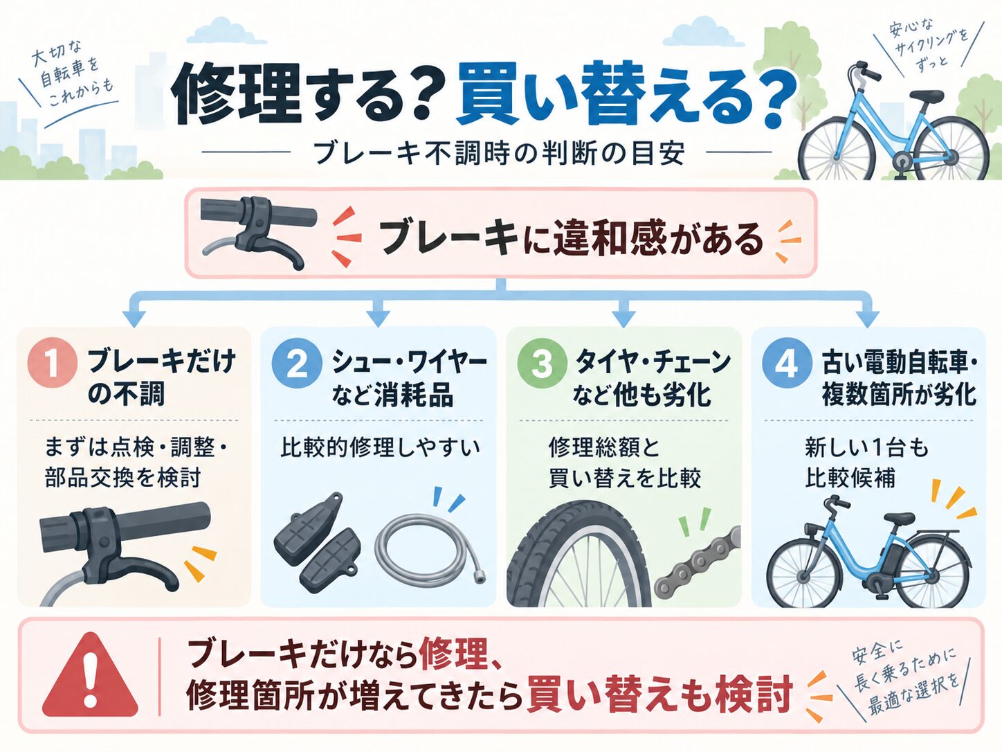 自転車ブレーキの不調時に修理するか買い替えるかを判断する目安をまとめた図解